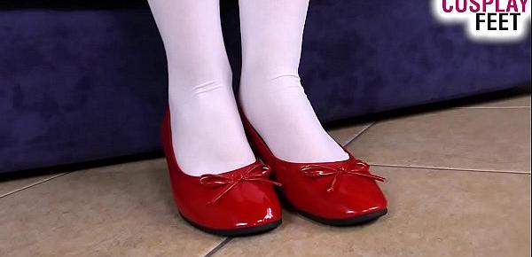  Hot nurse in white stockings and red balletflats foot tease
